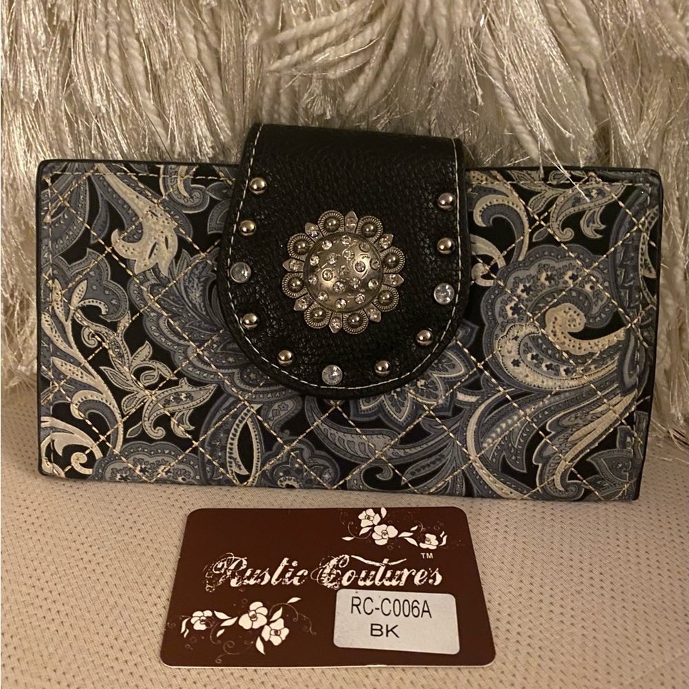Studded Blue Paisley Quilted Embellished Wallet Clutch | Western Boho Rhinestone - Picture 2 of 6